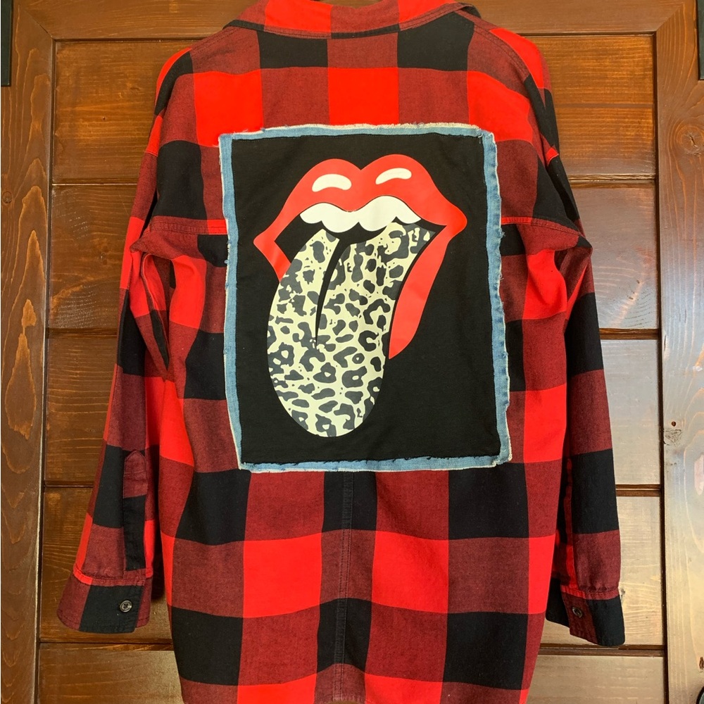 Women’s medium up-cycled red and black flannel button down.